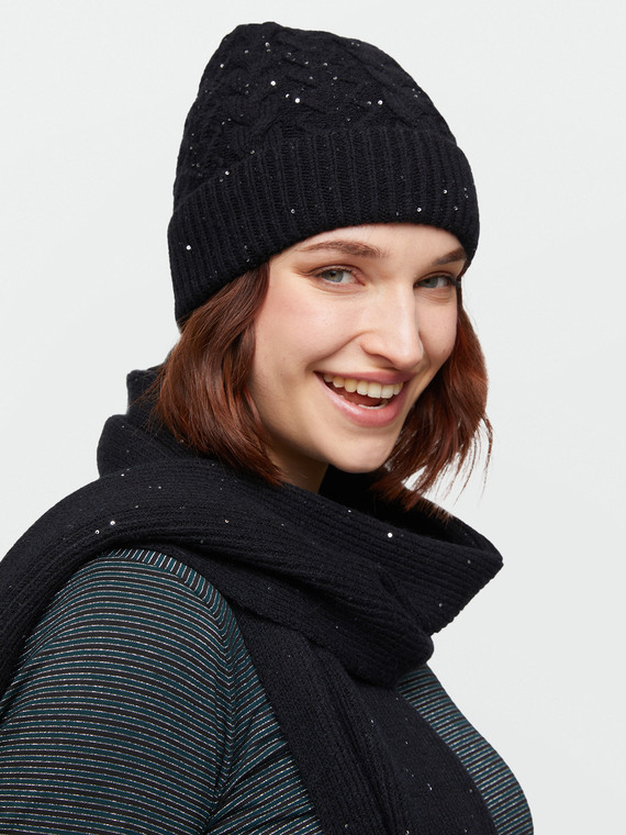 Fiorella Rubino - Cappello in tricot con micro paillettes Donna, Nero Taglia: 02