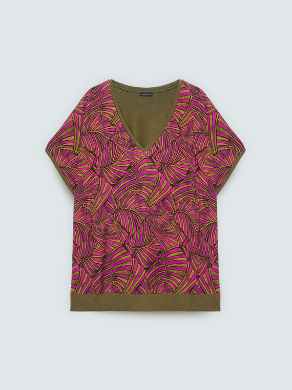 Bi-material t-shirt with print and kimono sleeves