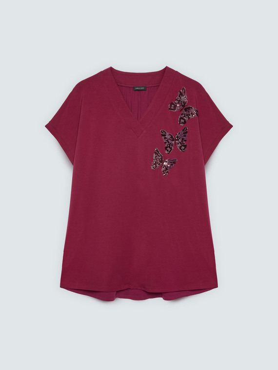 Two-tone t-shirt with sequin butterflies