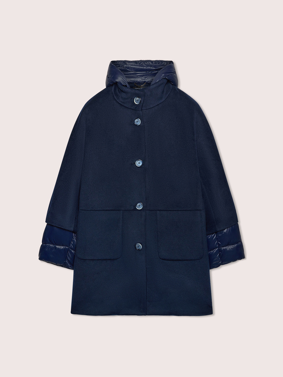 Bi-material down jacket with hood