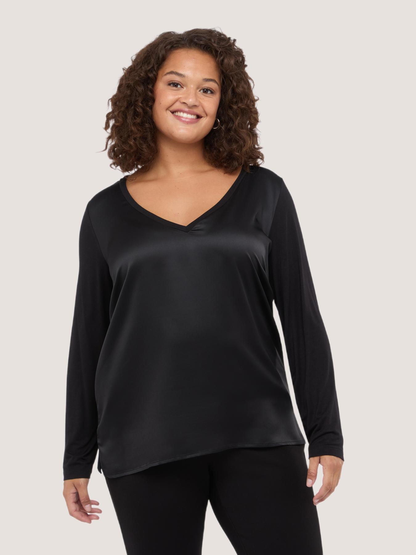 Two-material V-neck T-shirt with long sleeves image number 0