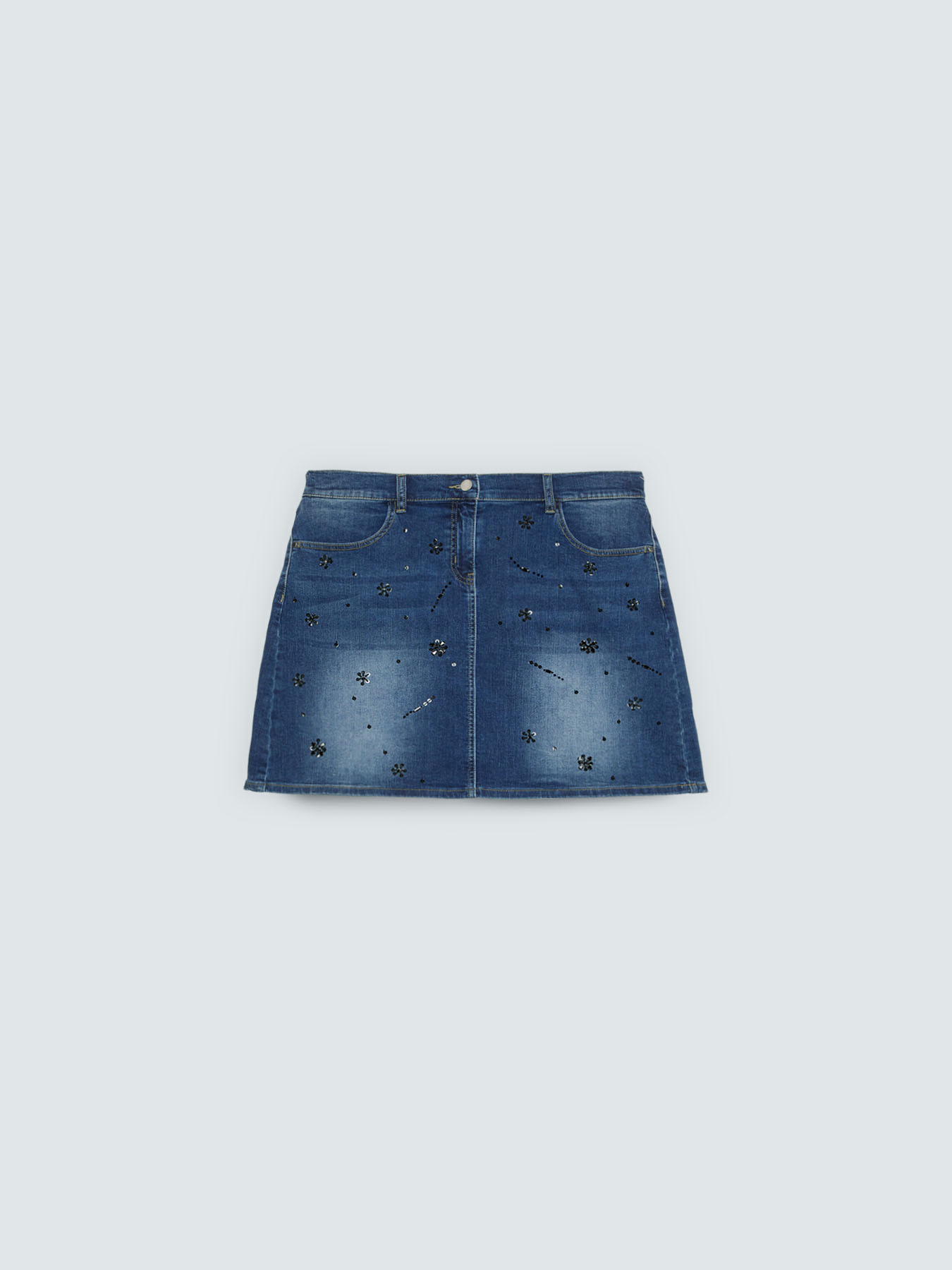 Denim mini skirt with appliqu&eacute;s image number 1
