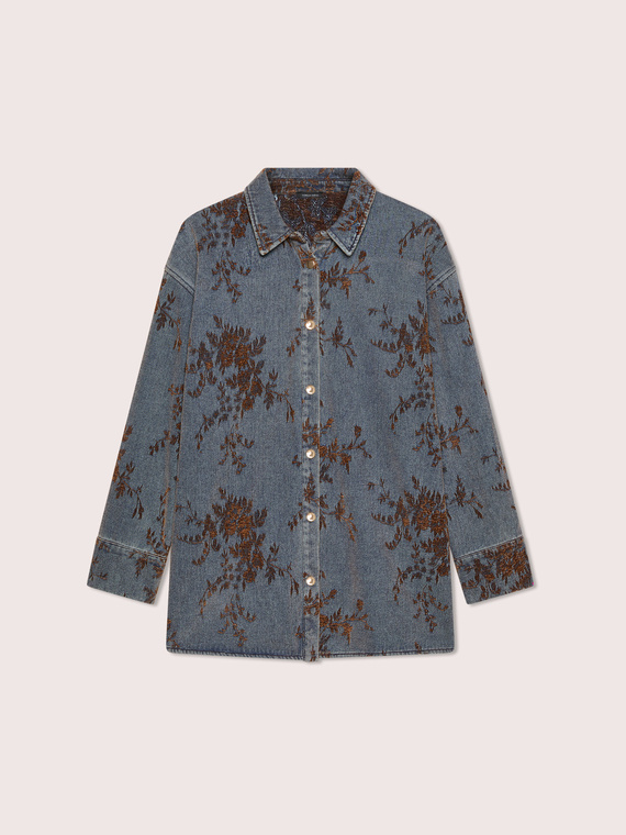 Jeansjacke im Hemdstil mit floraler Stickerei