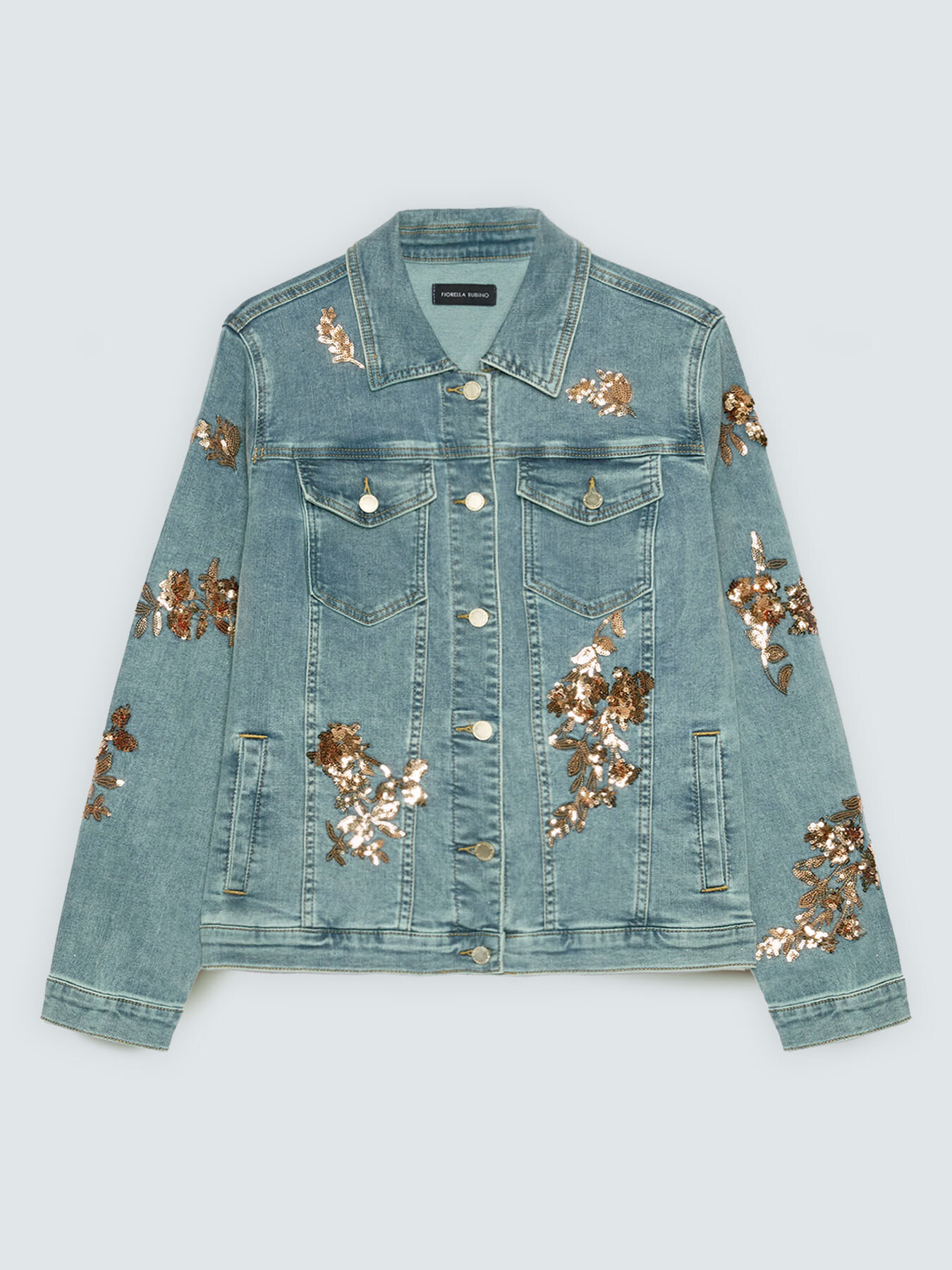 Giacca in denim con ricami floreali in paillettes image number 5