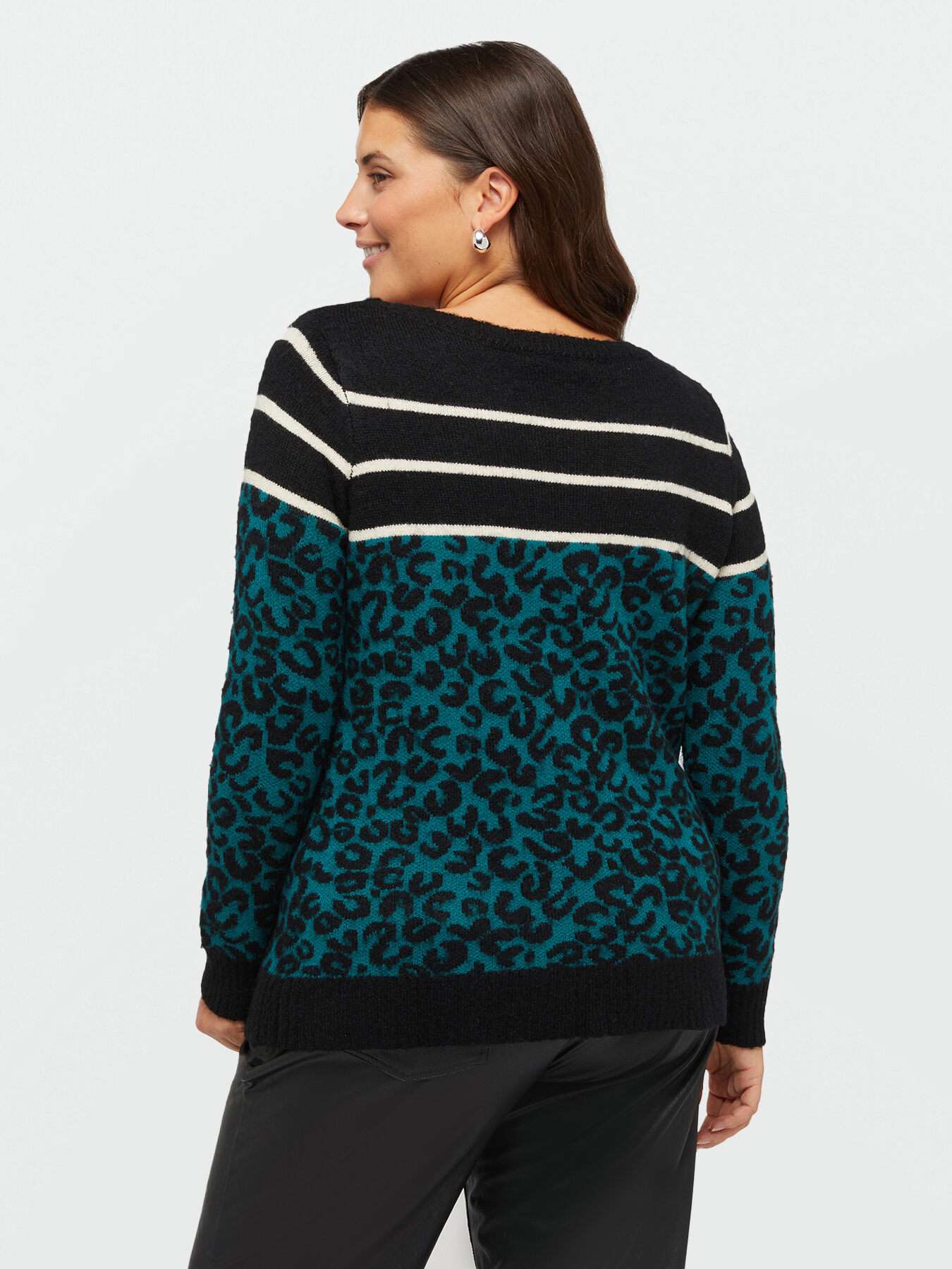 Animal print sweater with striped top part image number 1