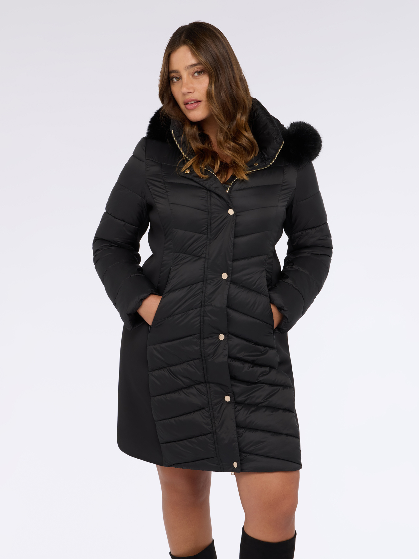 Long down jacket with hood and quilting image number 4