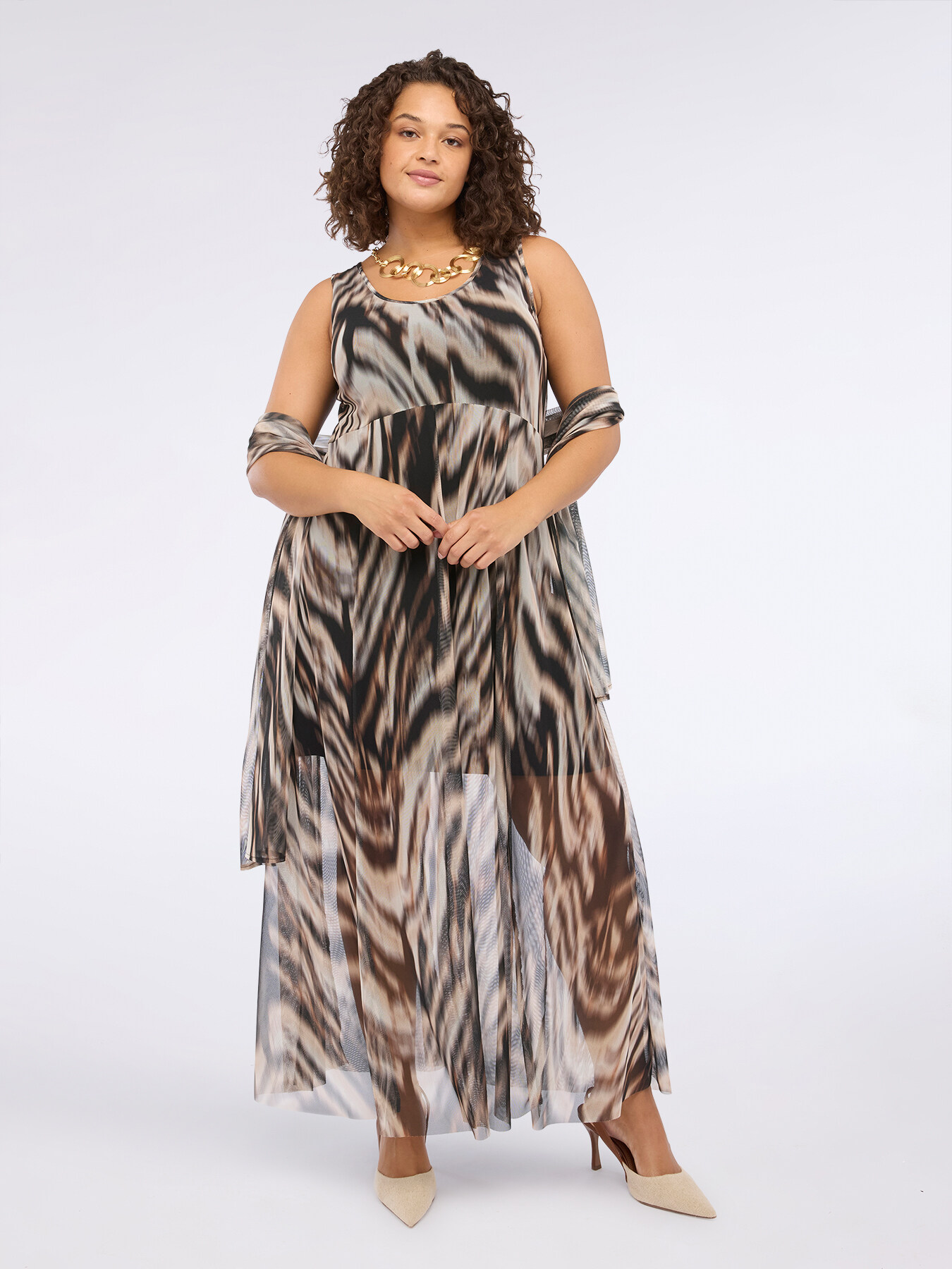 Vestito flare lungo in tulle con stampa image number 0