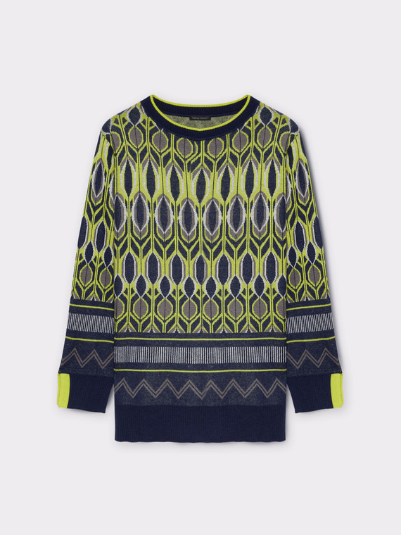 Geometrischer Pullover mit neonfarbenen Rändern