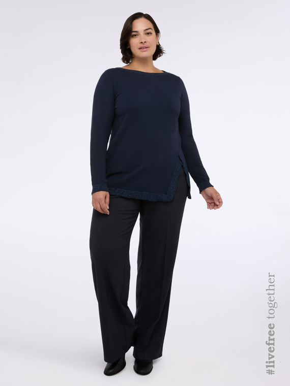 Crew neck sweater with side slits and lurex details