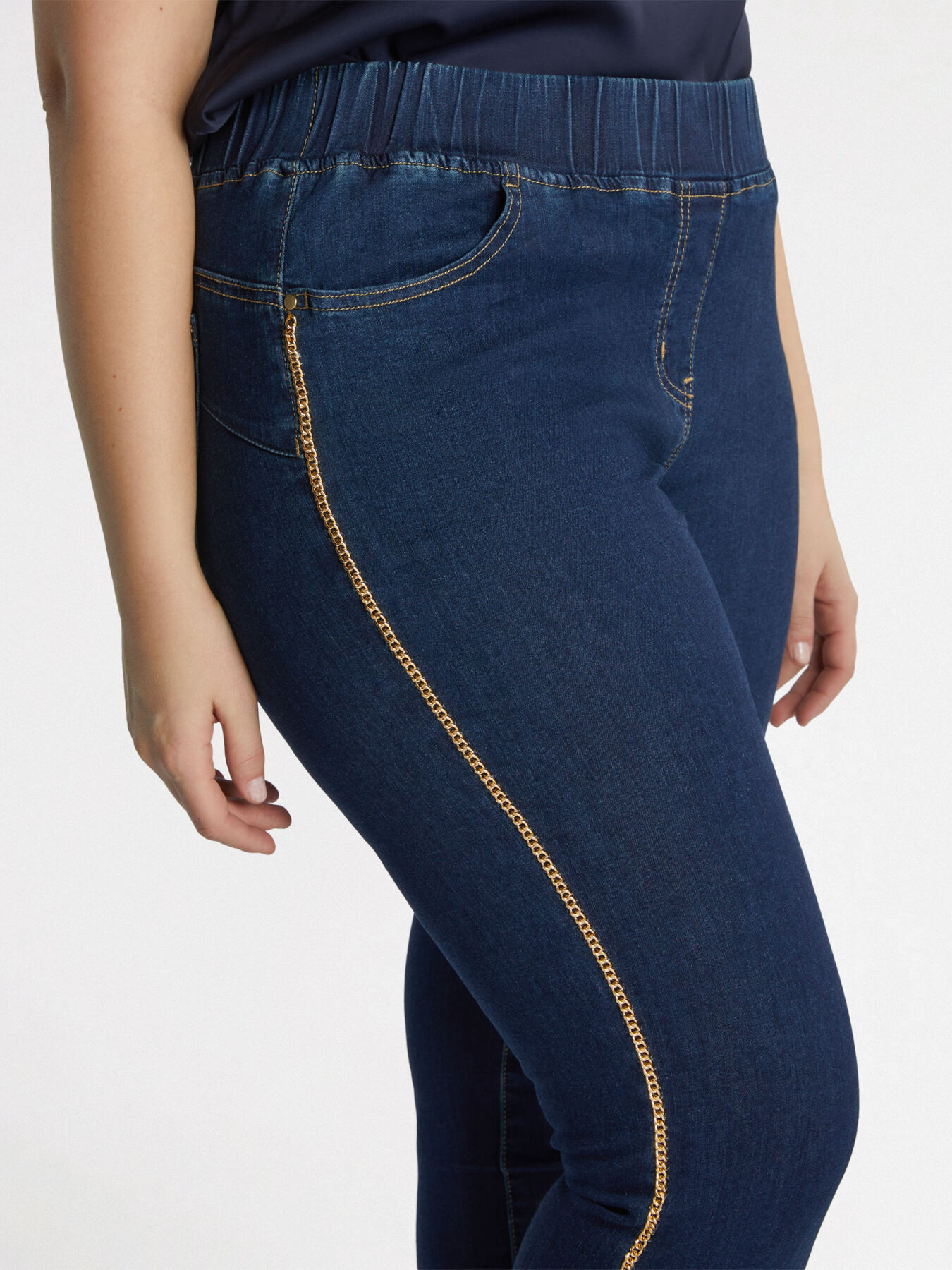 Dark blue washed jeggings with gold profiles image number 2