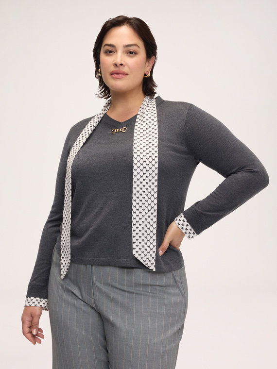 Viscose sweater with integrated printed scarf