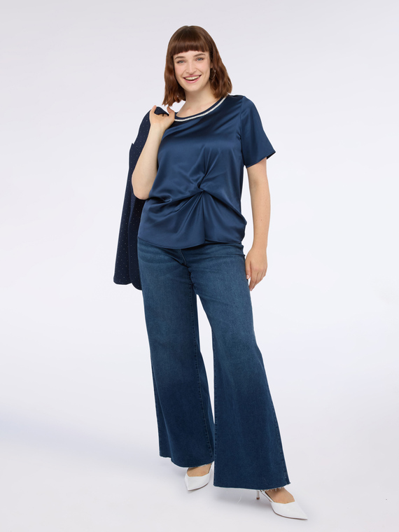 T-shirt bimaterica con drappeggio e strass | Fiorella Rubino