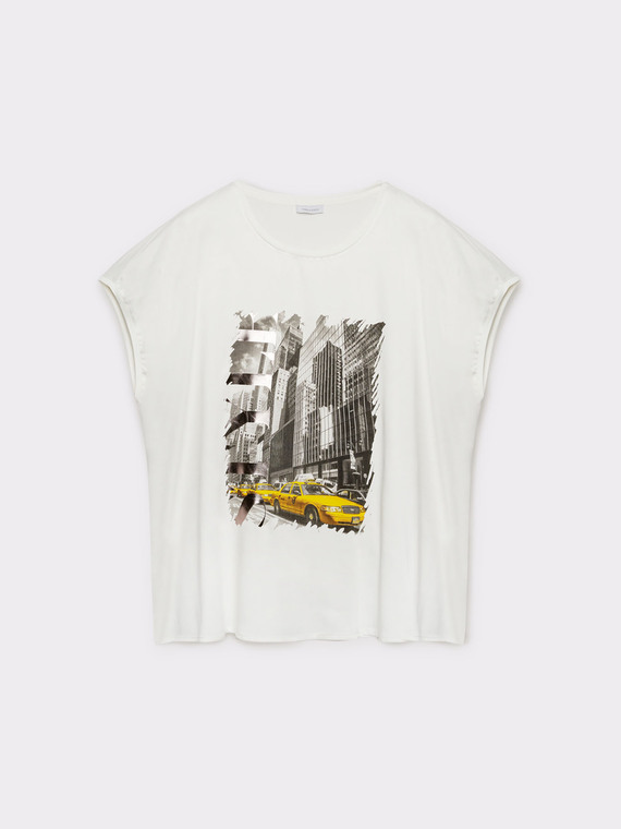 Dual-fabric T-shirt with print