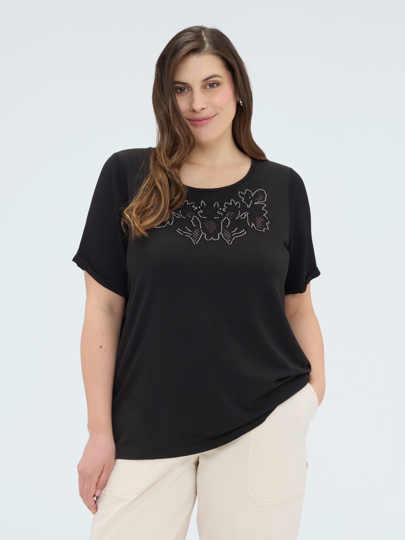 Bi-material t-shirt with floral embroidery image number 4
