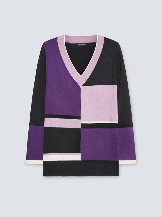 Colour-Block-Pullover mit V-Ausschnitt