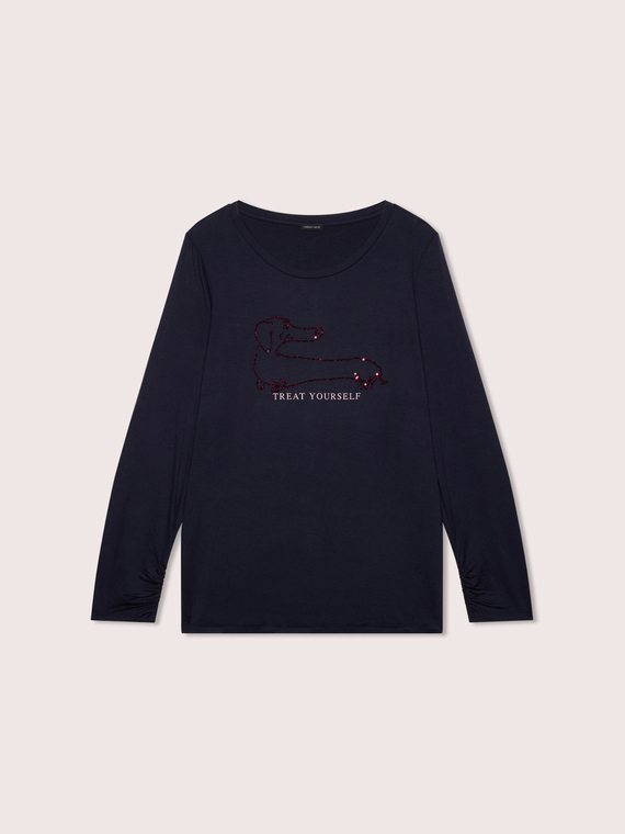 T-shirt with sequin dachshund and lettering
