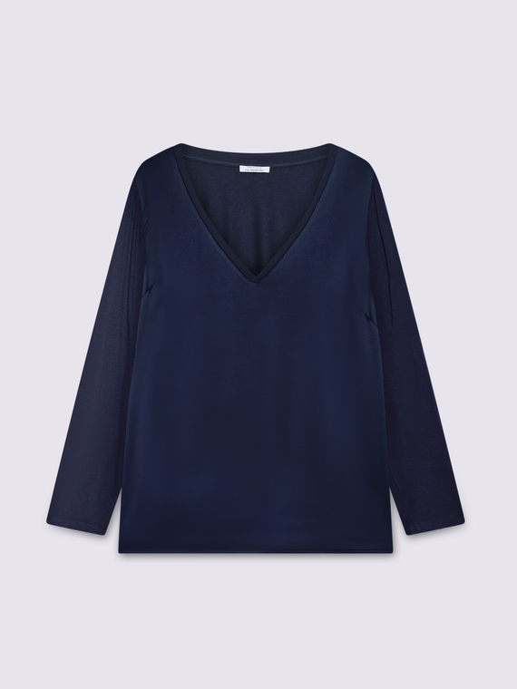 Two-material V-neck T-shirt with long sleeves
