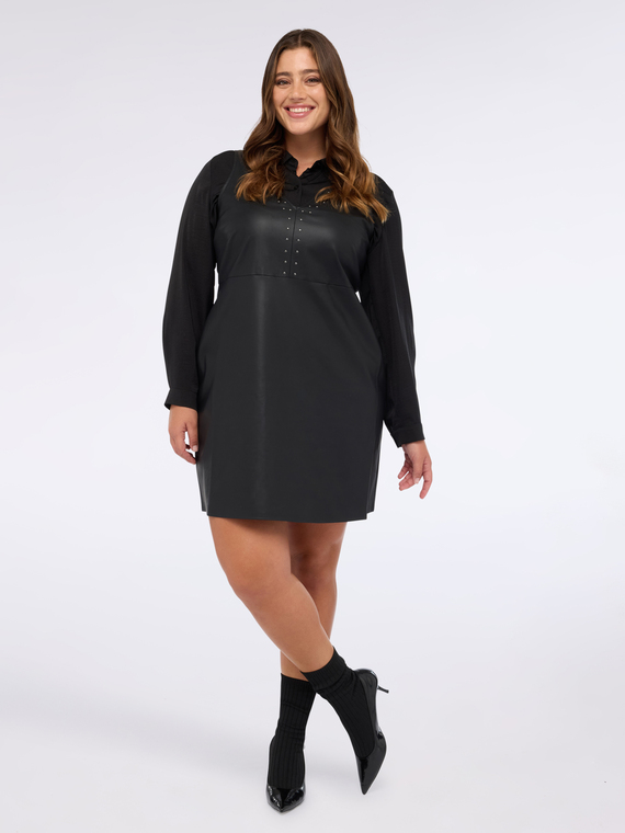 Sleeveless dress in coated fabric with small studs