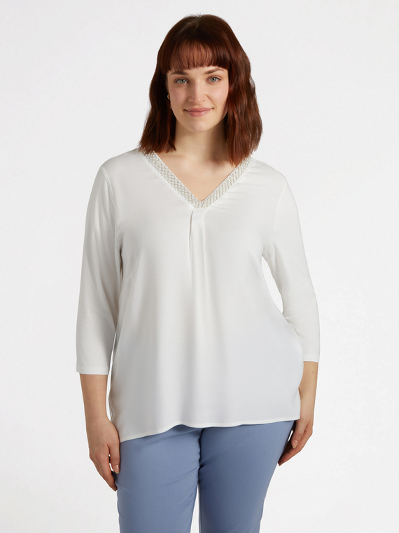Fiorella Rubino - T-shirt in viscosa LENZING™ ECOVERO™ con ricamo Donna, Bianco Taglia: XS (44-46 IT)