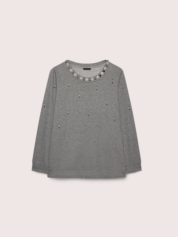 Sweatshirt aus Viskose-M&eacute;lange mit Strasssteinen und Perlen