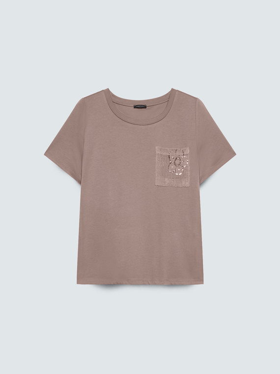 T-Shirt aus Baumwolle mit H&auml;keltasche und Pailletten