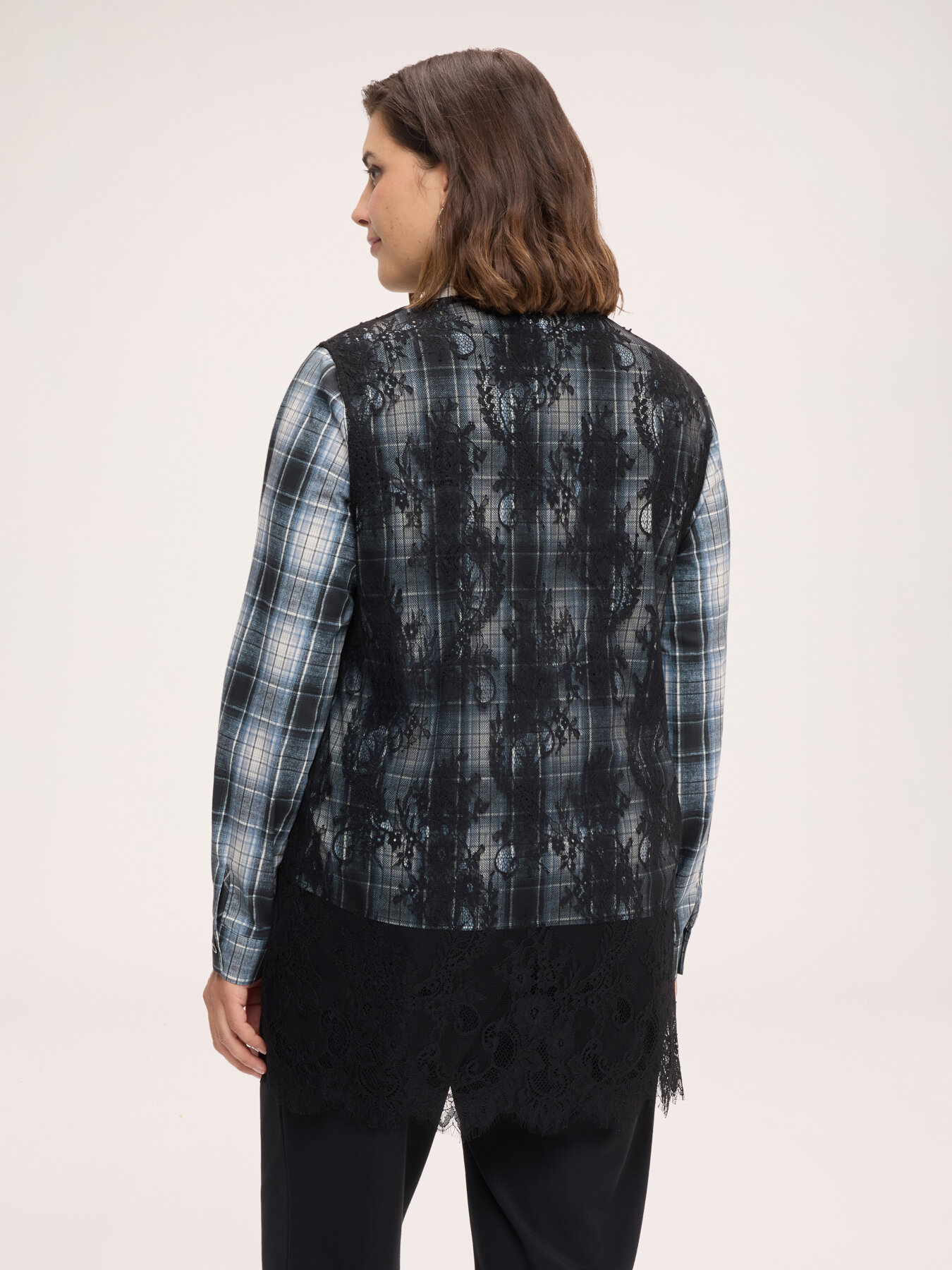 Checked shirt with floral lace inserts image number 1