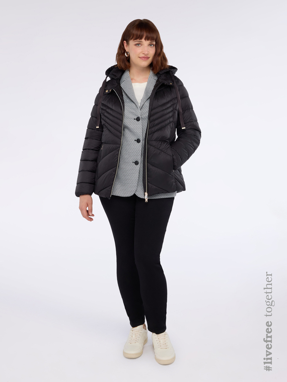 Quilted down jacket with chevron pattern and hood