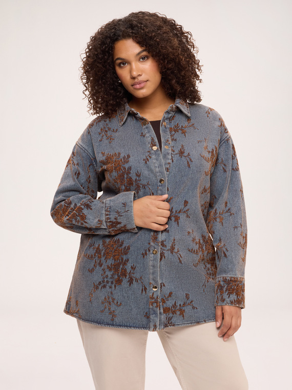 Giacca camicia reversibile in denim con ricamo floreale