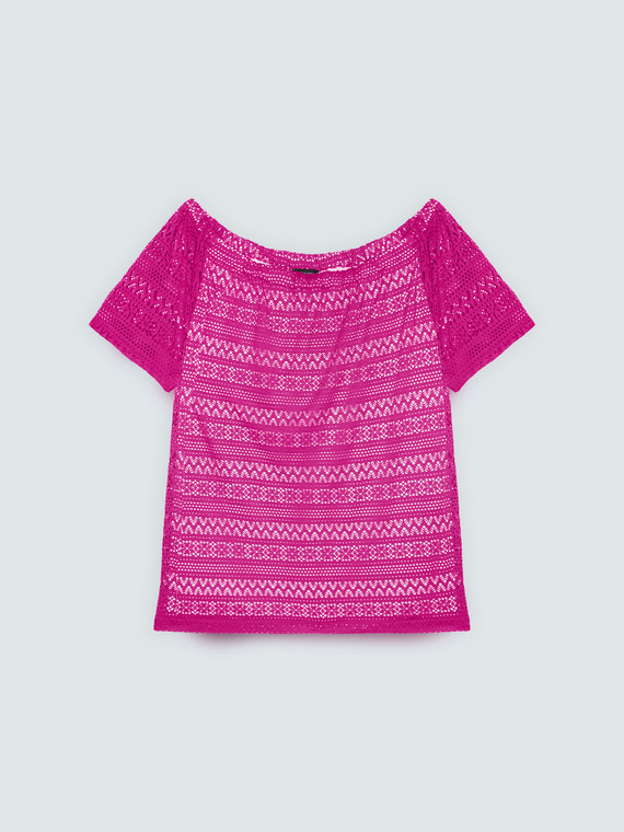 Striped lace T-shirt with boat neckline