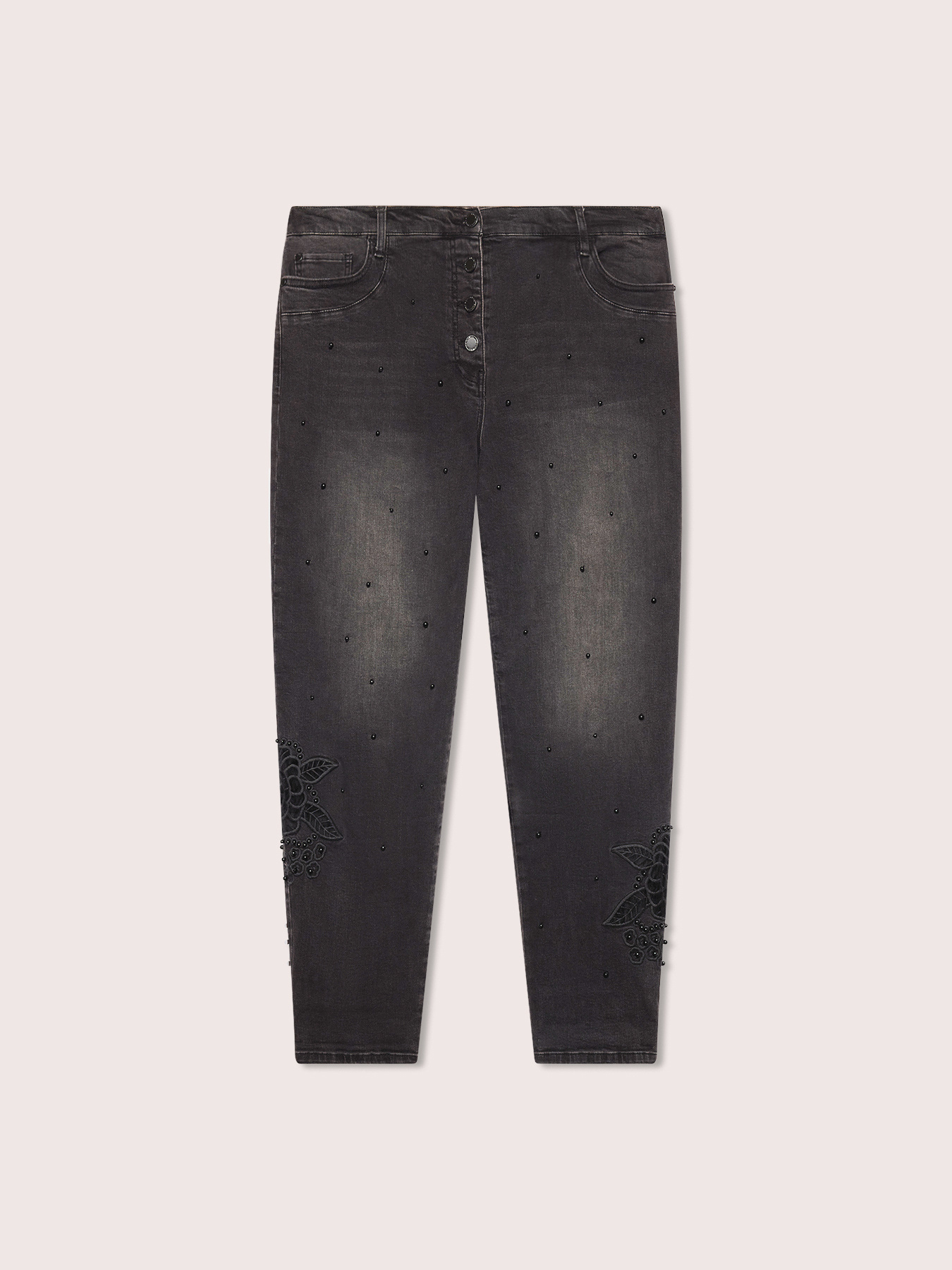 Barrel-Jeans mit Blumenstickerei und Perlen image number 4