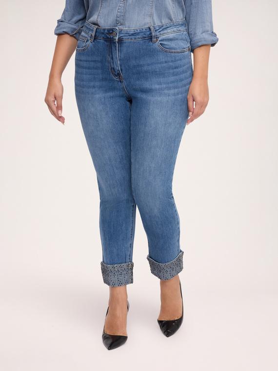 Skinny-Jeans mit Strass-Umschlag