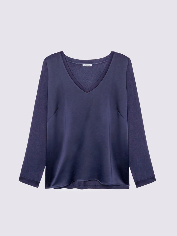 T-shirt con scollo a v in due tessuti - vista alternativa | Fiorella Rubino