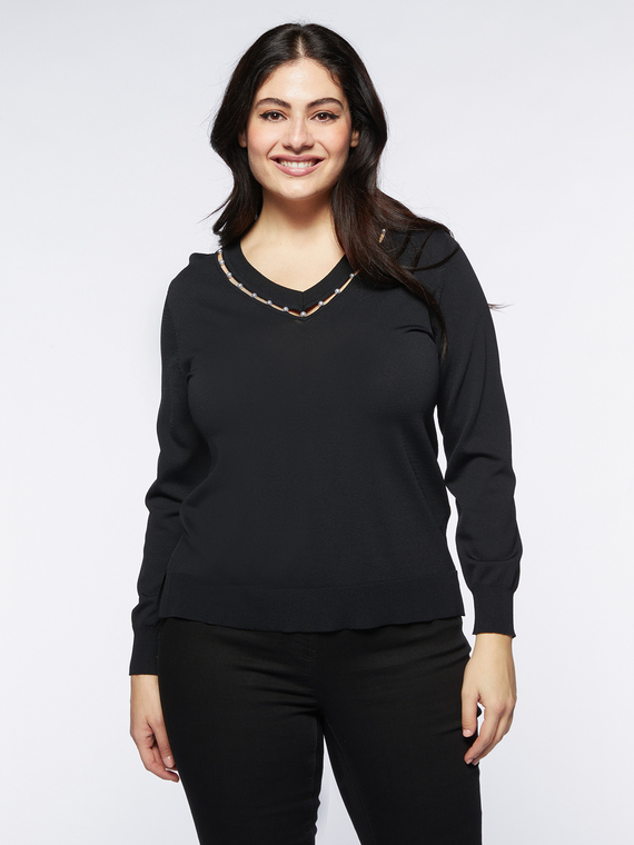 Fiorella Rubino - Maglia con bordo in perle Donna, Nero Taglia: M (52-54 IT)