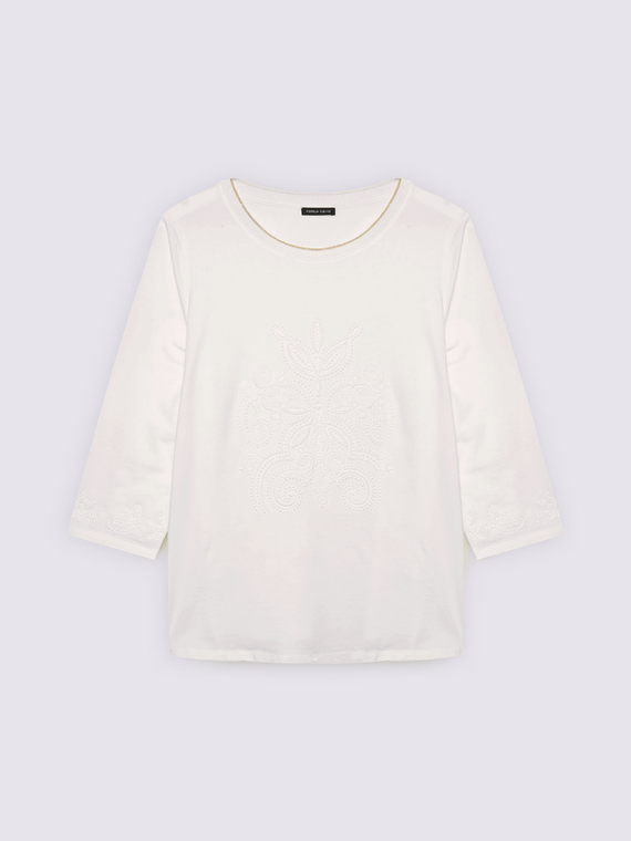 Jersey t-shirt with tone-on-tone embroidery three-quarter sleeves