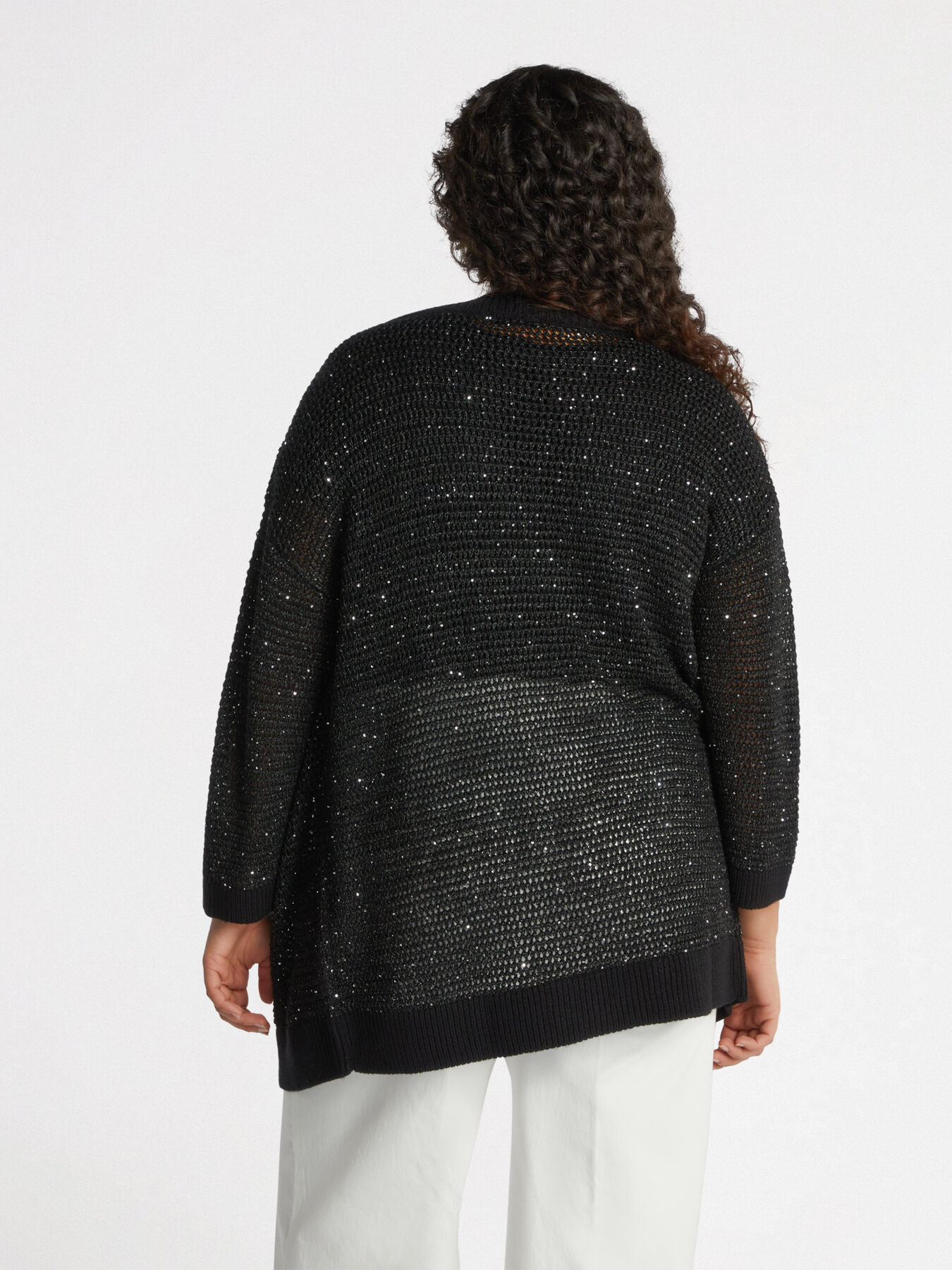Long cardigan with white trims and tiny sequins image number 2