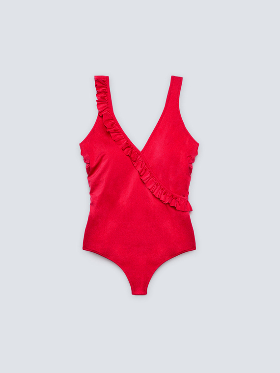 Red one-piece swimsuit with ruffles