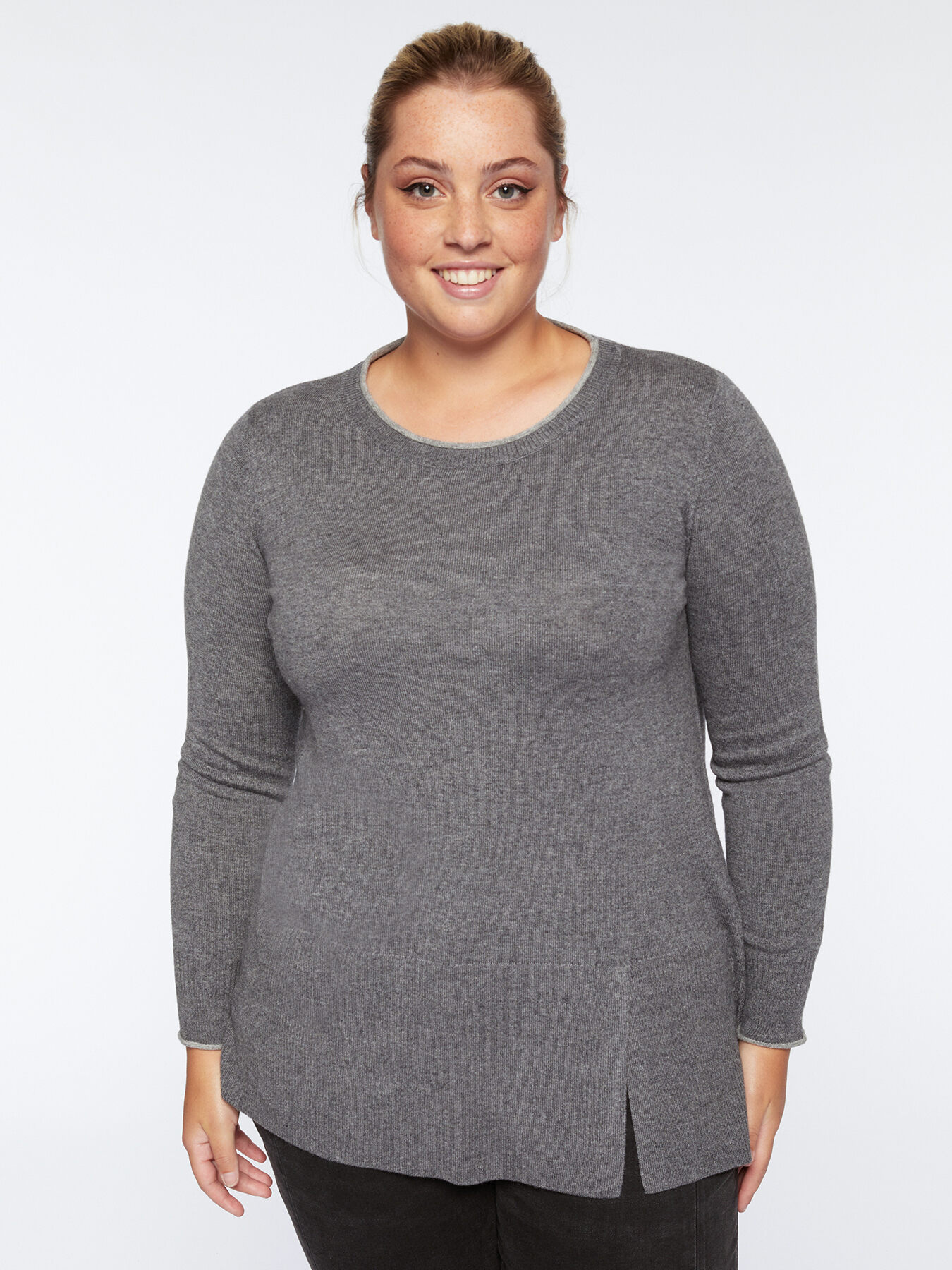 Pullover mit Bord&uuml;ren in Kontrastfarbe und Schlitz am Saum image number 0