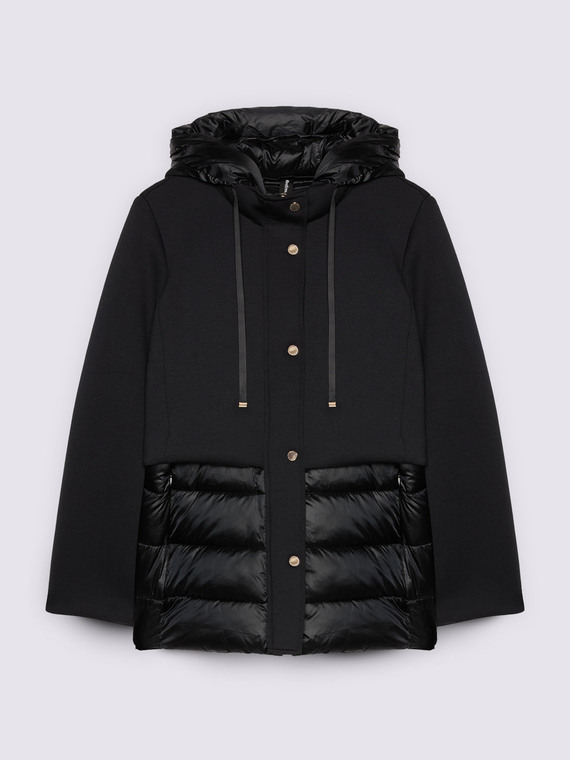 Bi-material down jacket with hood