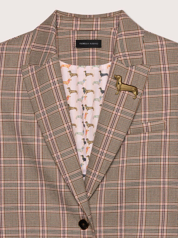 Checked blazer with dachshund brooch