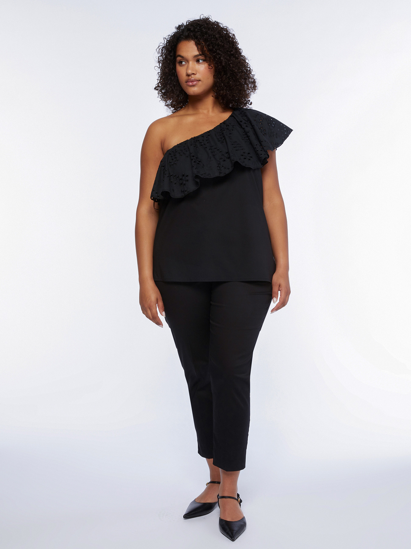 Top monospalla con balza in sangallo image number 2